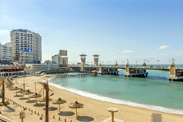 Fototapeta na wymiar Alexandria, Egypt, View of Alexandria harbor, hotels and beach