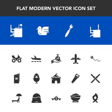 Modern, simple vector icon set with flame, business, castle, decoration, holiday, sky, fun, bag, animal, medieval, road, paper, sack, finance, airplane, brochure, building, bonfire, dirt, brush icons