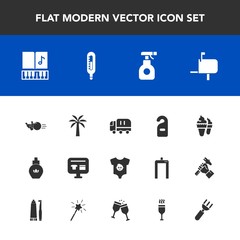 Modern, simple vector icon set with sweet, baby, aroma, sale, fun, mail, motel, chemical, fashion, sprayer, music, ball, bottle, pin, sound, perfume, spray, beauty, car, cream, ice, musical, box icons