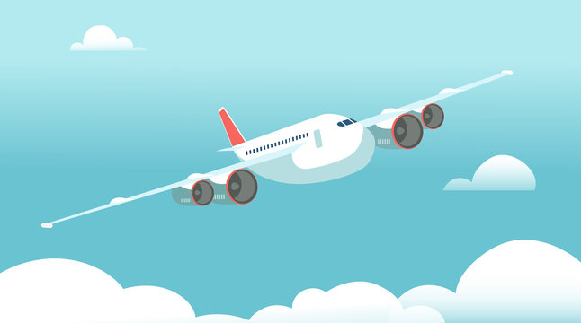 Airplane in flight with white clouds and blue sky background. Vector illustration
