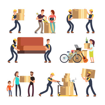 Family moving into new house. Man, woman and employees carrying boxes and heavy furniture vector characters set