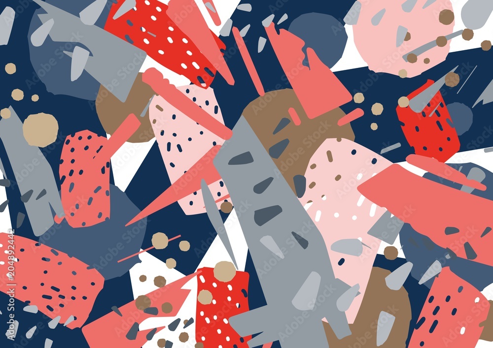 Aufkleber abstract background with stylized chaotic texture with scattered blue, pink and red debris. bright c