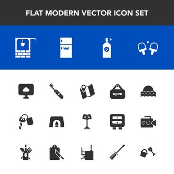 Modern, simple vector icon set with sport, care, clean, store, orchestra, musical, well, location, tennis, open, car, automobile, water, sunrise, game, fridge, cloud, key, sun, stone, fireplace icons