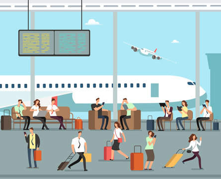 Business people with luggage at airport vector travel concept