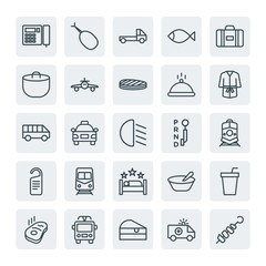 Moder Simple Set of transports, food, hotel Vector outline Icons. Contains such Icons as  baggage,  vehicle,  meat,  kebab, ,  hotel, taxi and more on white background. Fully Editable. Pixel Perfect.