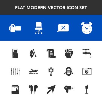 Modern, simple vector icon set with finger, airplane, photography, bathroom, river, tap, equality, camera, hour, photo, chair, photographer, faucet, furniture, document, paper, sink, technology icons