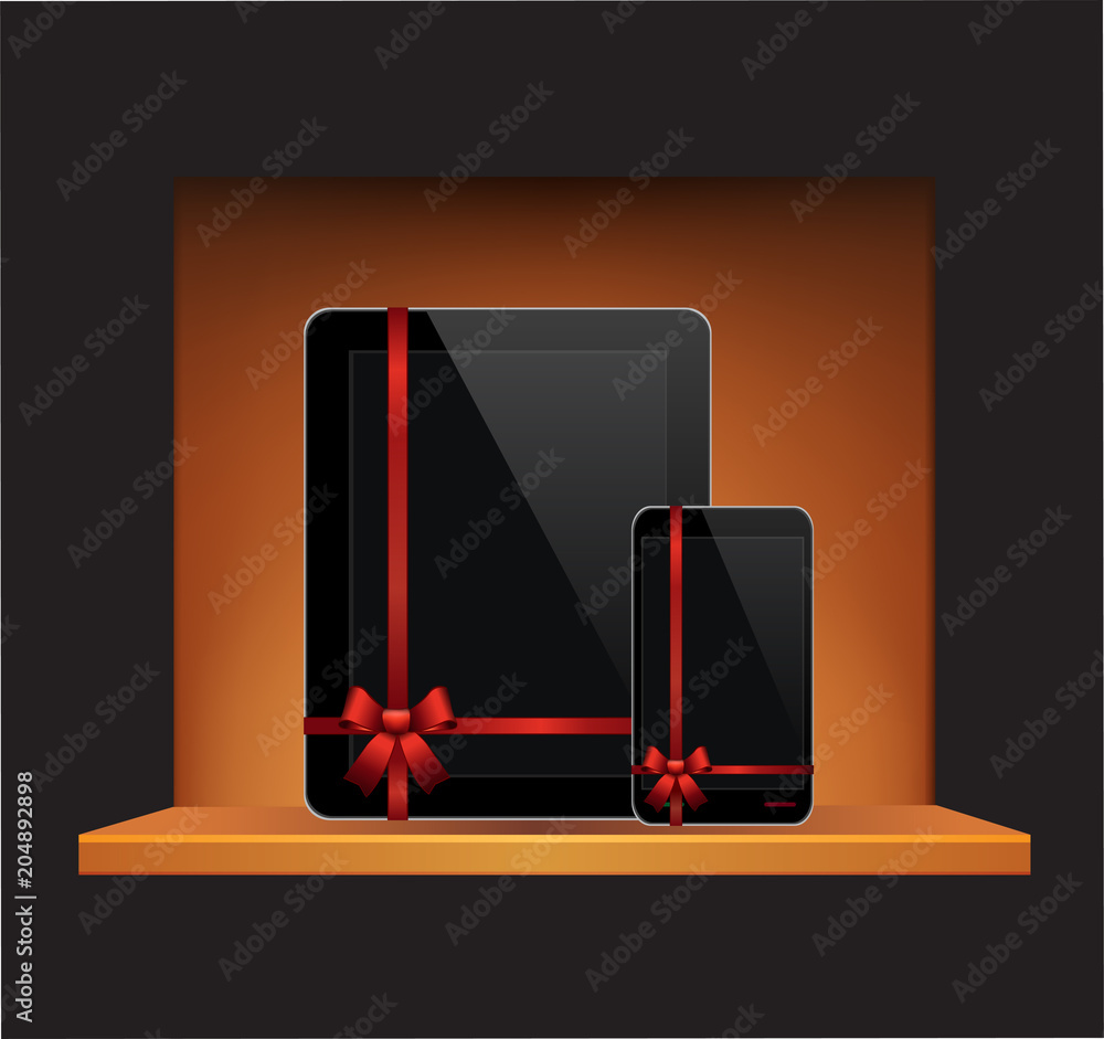 Poster vector tablet computer mobile phone with ribbon and bow in a gift on a shelf