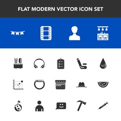 Modern, simple vector icon set with restaurant, dinner, day, music, checklist, user, check, modern, list, celebration, happy, match, video, drop, drink, smart, technology, spoon, audio, bar icons