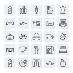 Moder Simple Set of transports, food, hotel Vector outline Icons. Contains such Icons as  room,  ride, pizza,  heater, chocolate,  floor and more on white background. Fully Editable. Pixel Perfect.