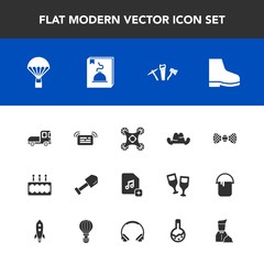 Modern, simple vector icon set with drone, construction, cake, music, message, camera, delivery, pie, file, tie, tool, parachute, parachuting, hammer, hat, add, elegance, menu, restaurant, sky icons