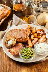 Traditional fish in beer batter and chips