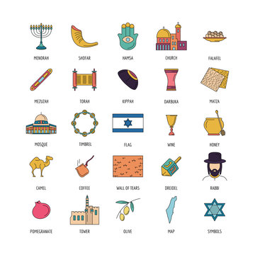 Israel icon set, cartoon style