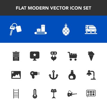 Modern, simple vector icon set with exotic, power, travel, business, hairdryer, fresh, bag, image, cart, building, automobile, star, car, computer, electricity, transportation, fruit, pineapple icons