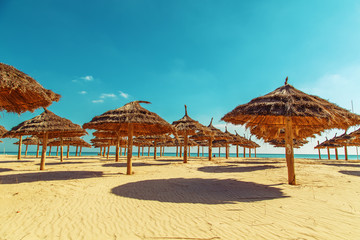 Straw umbrellas on the beach on a sunny day.