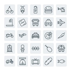 Moder Simple Set of transports, food, hotel Vector outline Icons. Contains such Icons as  water,  vehicle,  fruit,  bus,  meat,  do,  scale and more on white background. Fully Editable. Pixel Perfect.