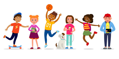 Funny children cartoon characters vector illustration in flat design. Girls and boys doing activities, walking, jumping, having fun. Kids different races isolated on white background.