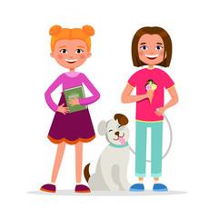 Cute girls having fun standing together vector cartoon characters isolated on white background. School Girl friendship concept flat illustration. Girls friends walking the dog, smiling.