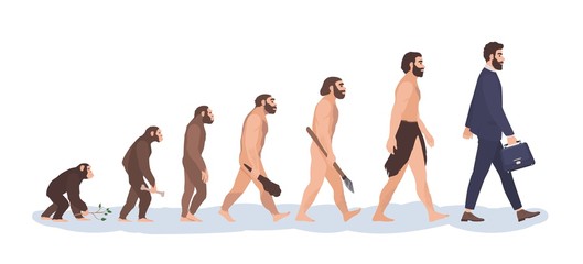 Human evolution stages. Evolutionary process and gradual development visualization from monkey or primate to businessman dressed in suit carrying briefcase. Flat cartoon colorful vector illustration.