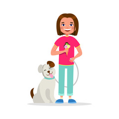Cute girl walking the dog and eating ice cream, having fun vector flat illustration isolated on white background. Friendship concept of girl and dog together