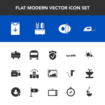 Modern, simple vector icon set with kitchen, vacation, photo, electric, food, sign, cooking, heater, microphone, camera, frame, video, picture, iron, soup, truck, image, water, bus, night, hotel icons