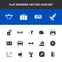 Modern, simple vector icon set with vehicle, gift, clinic, machine, transport, security, bus, dentistry, rocket, present, parachute, tie, box, tape, music, gym, printer, transportation, elegance icons