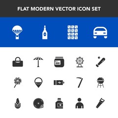 Modern, simple vector icon set with work, culture, candy, jar, chocolate, umbrella, parachute, full, energy, baseball, dessert, wine, alcohol, glass, jump, jam, eye, park, sky, bar, vehicle, job icons