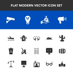 Modern, simple vector icon set with milk, safety, megaphone, restaurant, shipping, green, bottle, security, airport, waste, cactus, nature, business, plastic, tennis, desert, meat, speaker, fish icons
