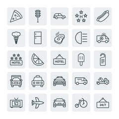 Moder Simple Set of transports, food, hotel Vector outline Icons. Contains such Icons as  fruit,  repair,  auto,  view,  airplane,  slice and more on white background. Fully Editable. Pixel Perfect.