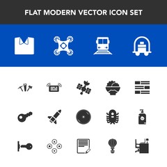 Modern, simple vector icon set with rice, internet, newspaper, train, satellite, dvd, clothing, shirt, jump, service, white, camera, disc, grain, parachuting, drone, transportation, extreme, key icons