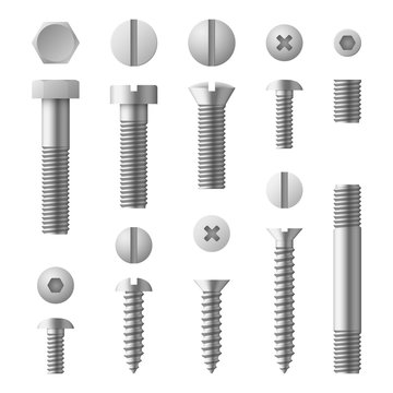 Realistic 3d metal bolts, nuts, rivets and screws isolated vector set