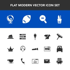 Modern, simple vector icon set with light, city, health, technology, newspaper, king, globe, royal, ball, football, toothbrush, hat, street, flashlight, paint, modern, headwear, queen, roller icons