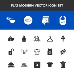 Modern, simple vector icon set with call, ringing, concept, tea, hanger, food, travel, baggage, teapot, rattle, vacation, infant, pool, bag, cloakroom, fashion, trash, replace, phone, journey icons