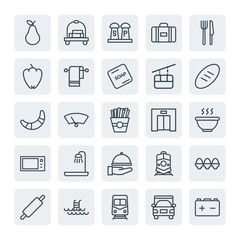 Moder Simple Set of transports, food, hotel Vector outline Icons. Contains such Icons as  urban,  underground,  cooking,  repair,  car, car and more on white background. Fully Editable. Pixel Perfect.