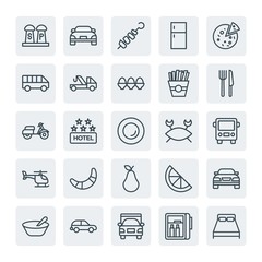 Moder Simple Set of transports, food, hotel Vector outline Icons. Contains such Icons as  interior,  ingredient, bedroom,  bed,  dinner and more on white background. Fully Editable. Pixel Perfect.