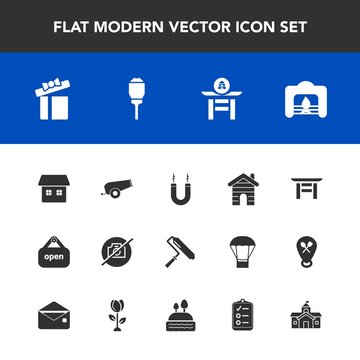 Modern, simple vector icon set with energy, travel, box, shrine, roller, camera, weapon, street, brush, taiko, open, drum, real, estate, city, culture, lamp, photo, present, shop, home, japanese icons
