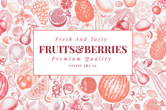 Fruits and berries hand drawn vector illustration. Retro engraved style design. Can be use for menu, label, packaging, farm market products.
