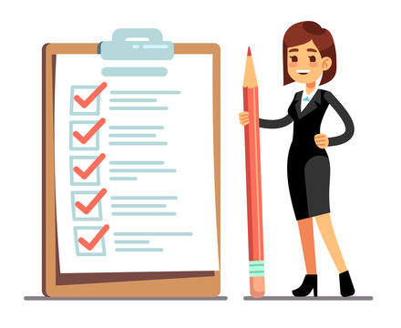 Happy woman holding pencil at giant schedule checklist with tick marks. Business organization and achievements of goals vector concept