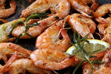 Grilled shrimp skewers. Seafood, shelfish. Shrimps Prawns skewers with herbs, garlic and lemon.
