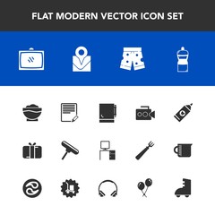 Modern, simple vector icon set with broom, entertainment, edit, clean, brush, handle, cleaner, template, travel, restaurant, text, equipment, room, home, camera, care, box, work, notebook, desk icons