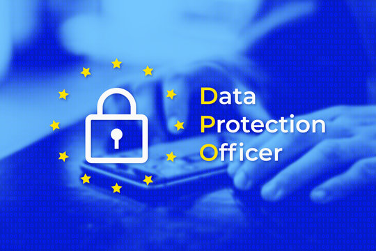 DPO - Data Protection Officer. EU flag with blue photo background. User protects their data on a mobile phone