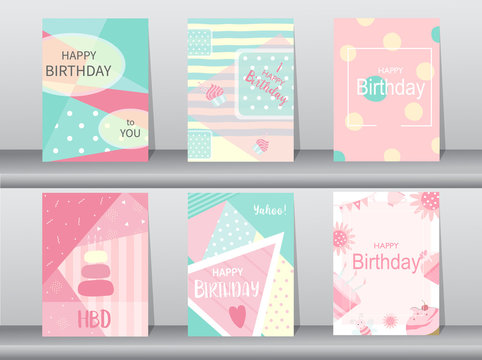 Set of birthday card on retro pattern design,vintage,poster,template,greeting,Vector illustrations 