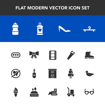 Modern, simple vector icon set with film, mascara, hippie, entertainment, bulldozer, delivery, construction, video, black, water, makeup, movie, shoe, brush, machinery, dental, glasses, footwear icons