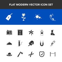 Fototapeta premium Modern, simple vector icon set with house, cream, flight, waiter, real, tropical, food, fence, night, check, restaurant, equipment, star, ice, education, sweet, nature, book, security, sky, palm icons