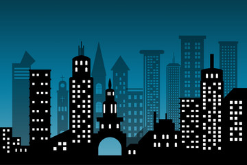 Fototapeta premium silhouette cityscape architectural building skyscrapers icon. black design flat style on blue deep background with copy space Illustration vector