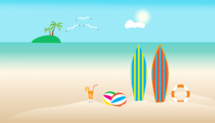 Fototapeta na wymiar summer time with umbrella ball chair on beach. boat in sea and sun bird fly bright over blue sky cloud mountain background. concept holiday illustration vector flat design