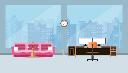 office interior business with two compute screen on the table and Pink sofa,  flat design flat design and building in City blue background vector illustration