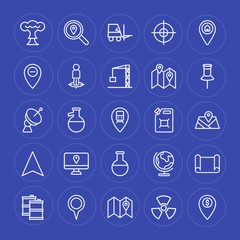 Modern Simple Set of industry, science, location Vector outline Icons. Contains such Icons as  map,  planet,  pin, earth,  petroleum, map and more on blue background. Fully Editable. Pixel Perfect.