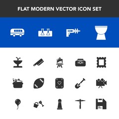 Modern, simple vector icon set with road, artist, fountain, style, science, speed, musical, american, water, cook, transportation, transport, table, football, laboratory, leather, ball, knife icons