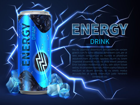 Energy Drink Can Surrounded Of Electrical Discharges And Sparks On Dark Blue. Packaging Advertising Vector Background