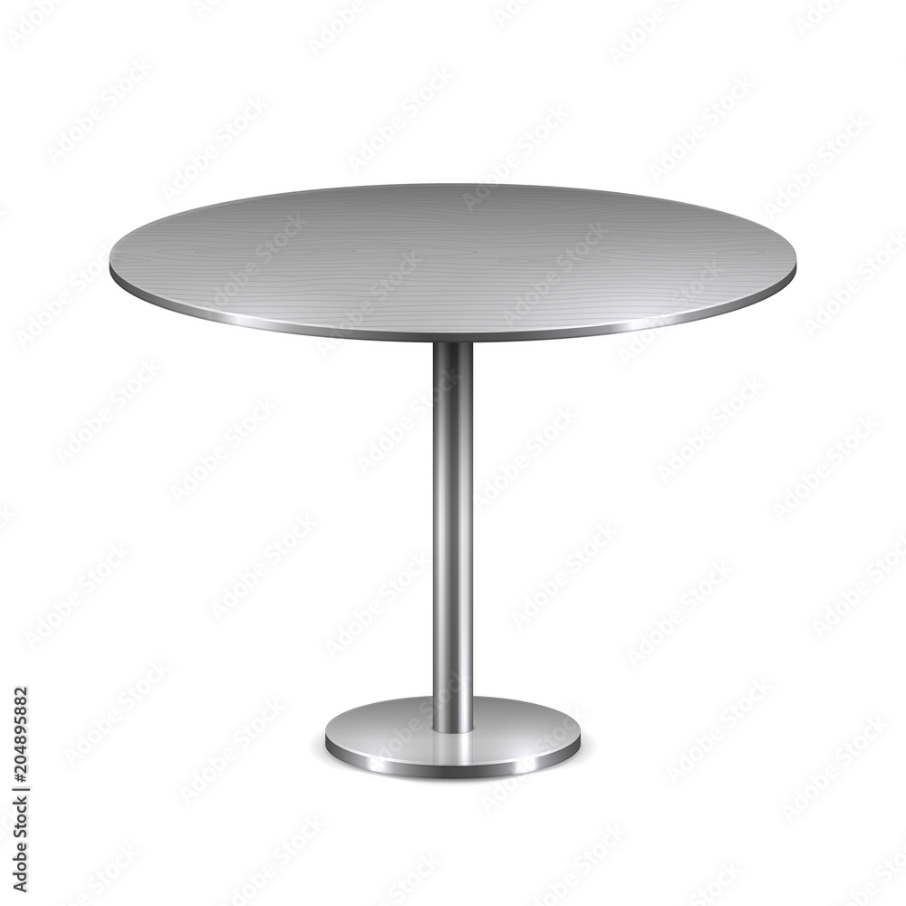 Poster empty modern round table with metal stand isolated on white background. vector template for restaura
